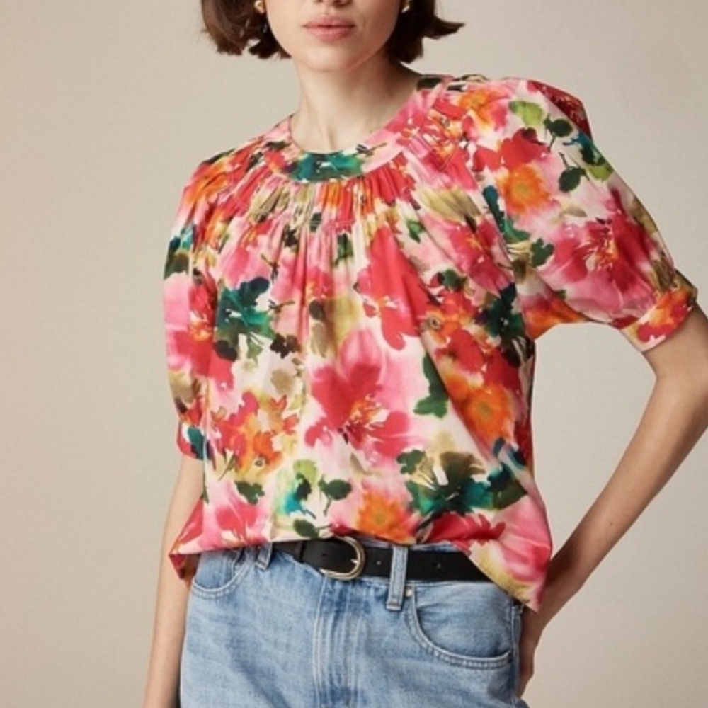 J. Crew Smock-neck puff-sleeve top in floral cotton poplin